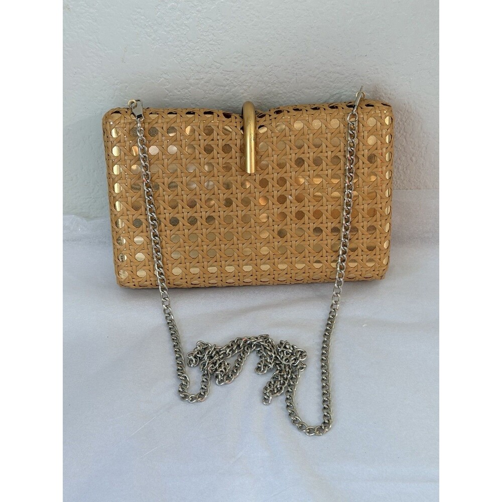ZARA Woven Rattan Clutch Crossbody Bag Tan Gold Chain Purse
